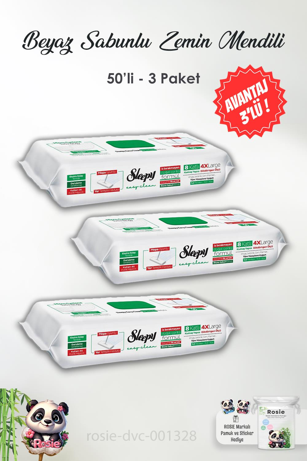 3 Adet Sleepy Beyaz Sabun Katkılı 8 Katlı 4X Large Mopa Uyumlu Temizlik Havlusu 50' li ve ROSIE