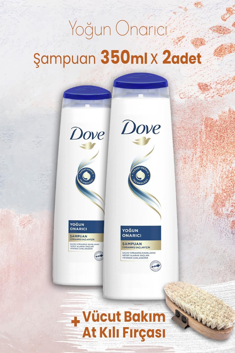 Dove Yoğun Onarıcı Şampuan 350 ml x 2 Adet ve Vücut Bakım At Kılı Fırçası