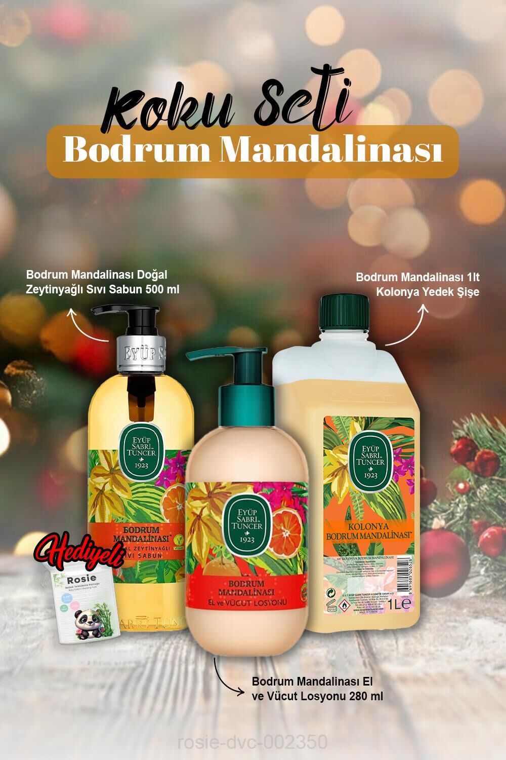 Sıvı Sabun 500 ml, Losyon 280 ml, 1 lt Kolonya Bodrum Mandalinası ve Rosie Hediye