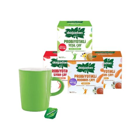 Doğadan Probiyotikli Çay Seti Yeşil Kupa Hediyeli (Yeşil Çay, Siyah Çay, Rooibos x 2)