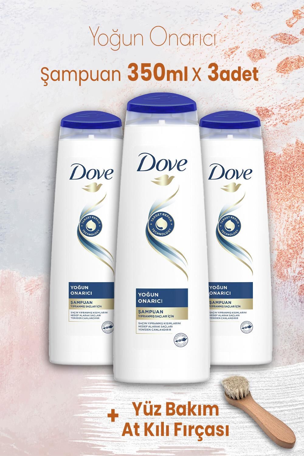 Dove Yoğun Onarıcı Şampuan 350 ml x 3 Adet ve Yüz Bakım At Kılı Fırçası