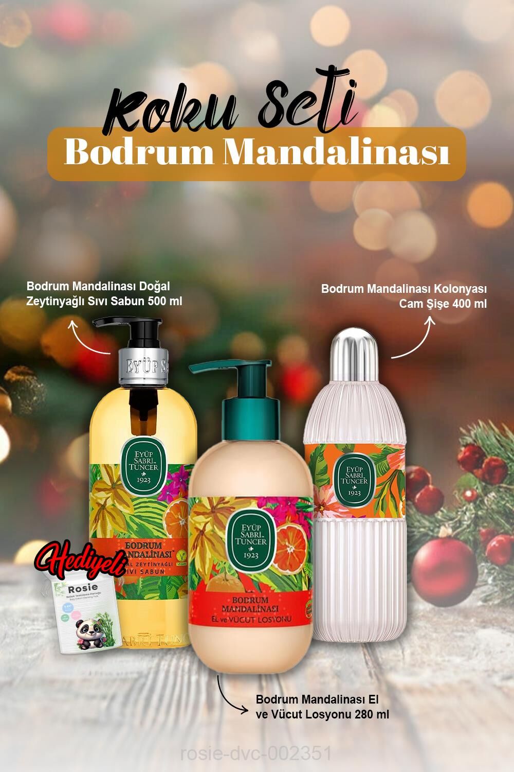 Losyon 280 ml, Sıvı Sabun 500 ml, Kolonya 400 ml Bodrum Mandalina ve Rosie Hediye