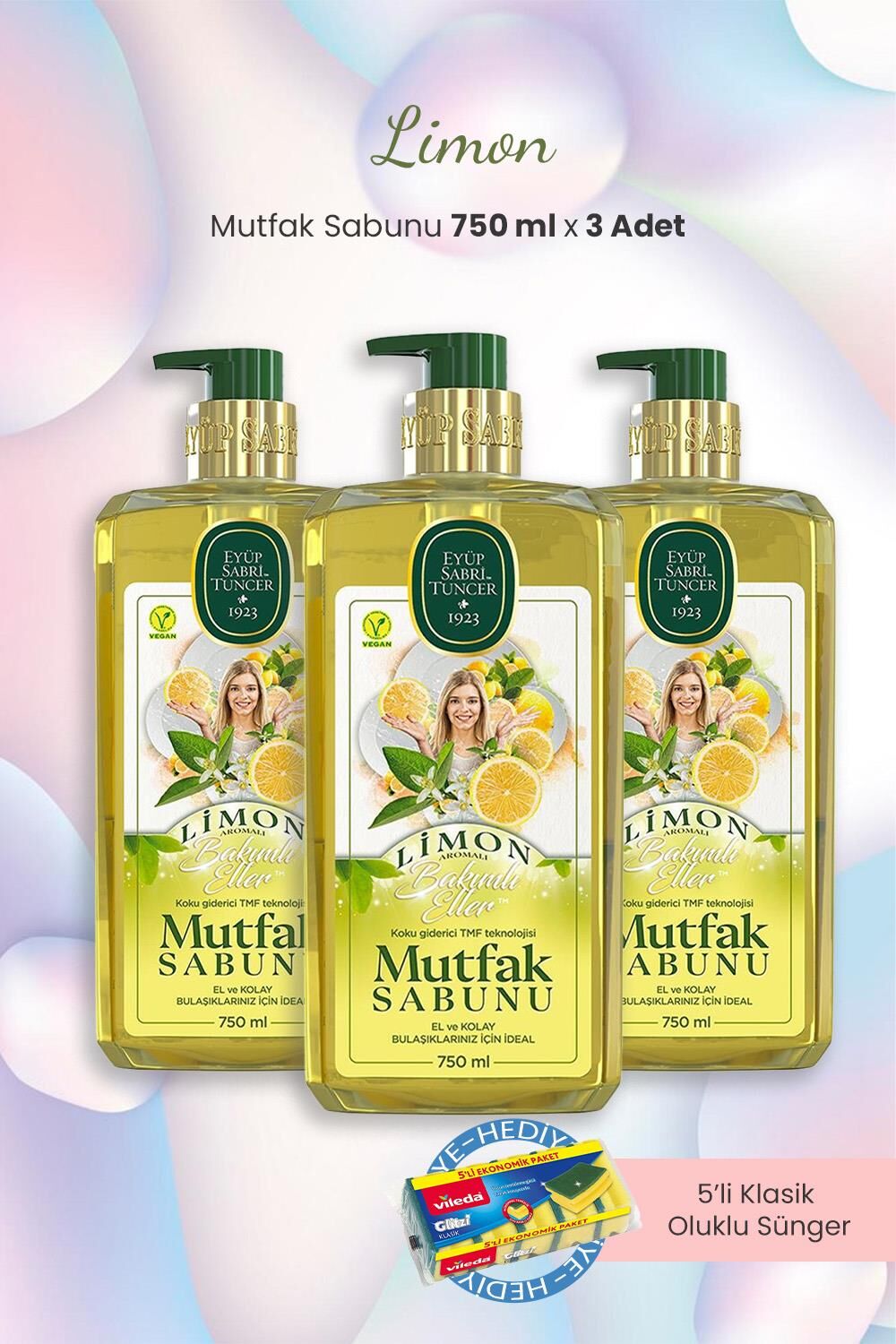 Eyüp Sabri Tuncer Limonlu Mutfak Sabunu 750 ml x 3 Adet ve Bulaşık Süngeri