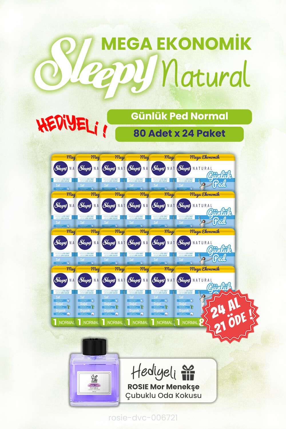 Sleepy 24 AL 21 ÖDE Günlük Ped Natural Normal 80'li ve ROSIE oda kokusu