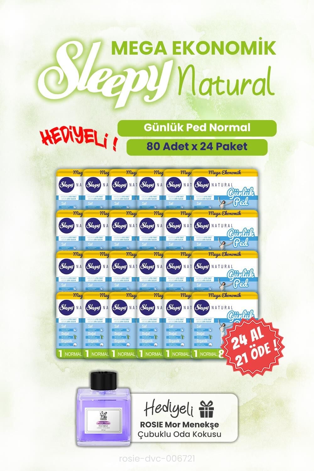 Sleepy 24 AL 21 ÖDE Günlük Ped Natural Normal 80'li ve ROSIE oda kokusu