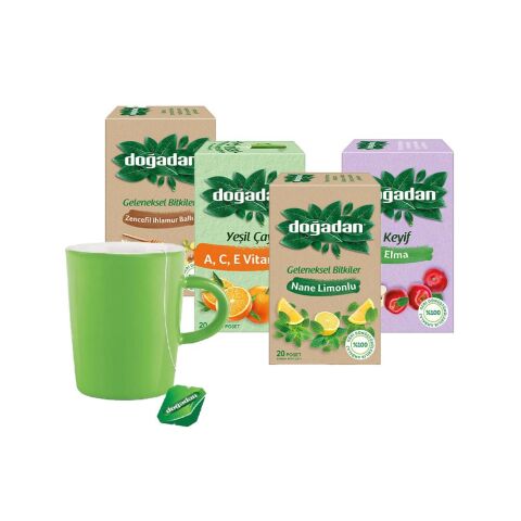 Doğadan Çay Seti Yeşil Kupa Hediyeli (Zenc. Ihl. Bal., A,C,E Vitaminli, Nane Limon, Elma Çayı)