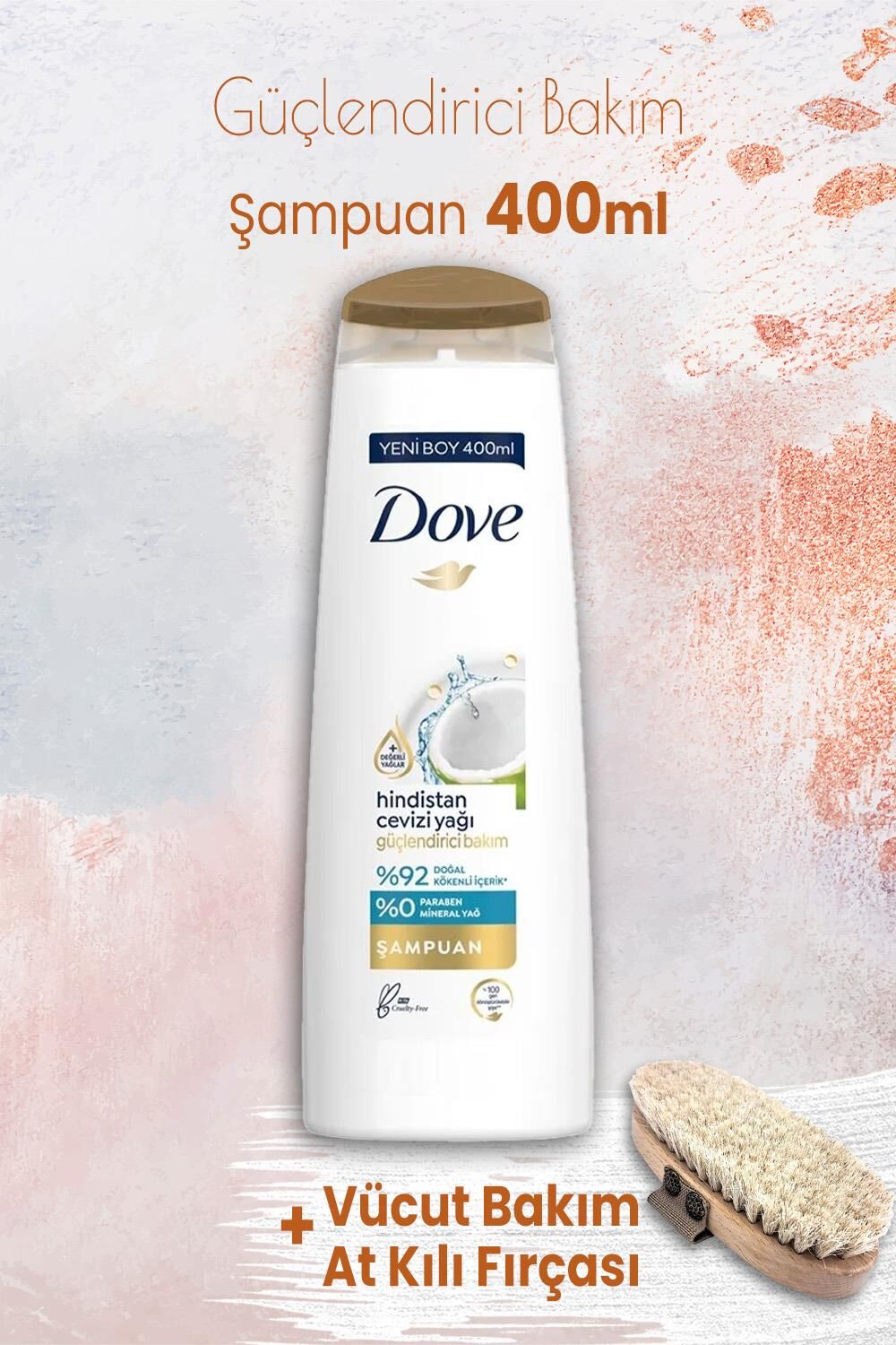 Dove Şampuan Güçlendirici Bakım 400 ml ve Vücut Bakım At Kılı Fırçası