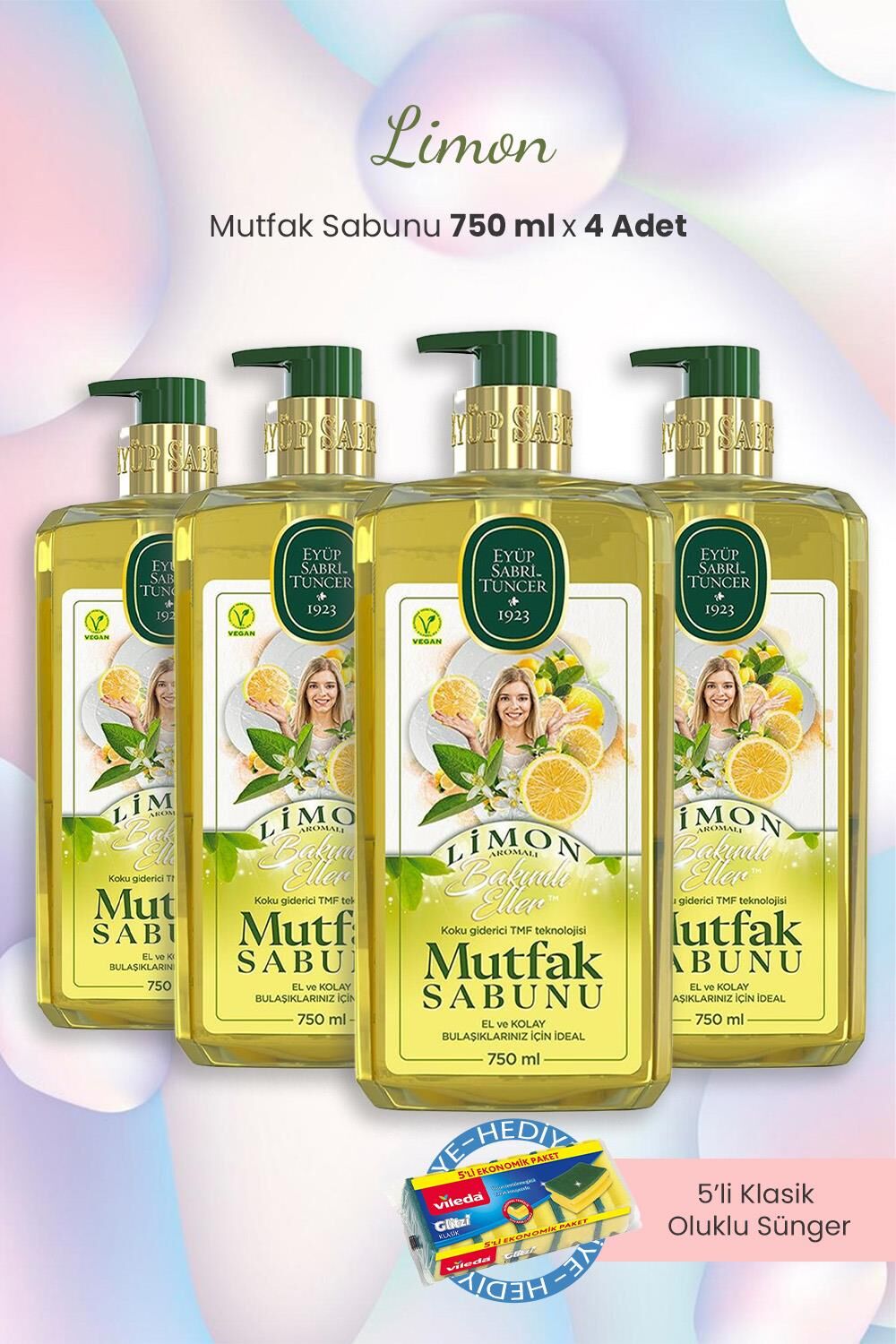 Eyüp Sabri Tuncer 4'lü Limon Mutfak Sabunu 750 ml ve Oluklu Sünger