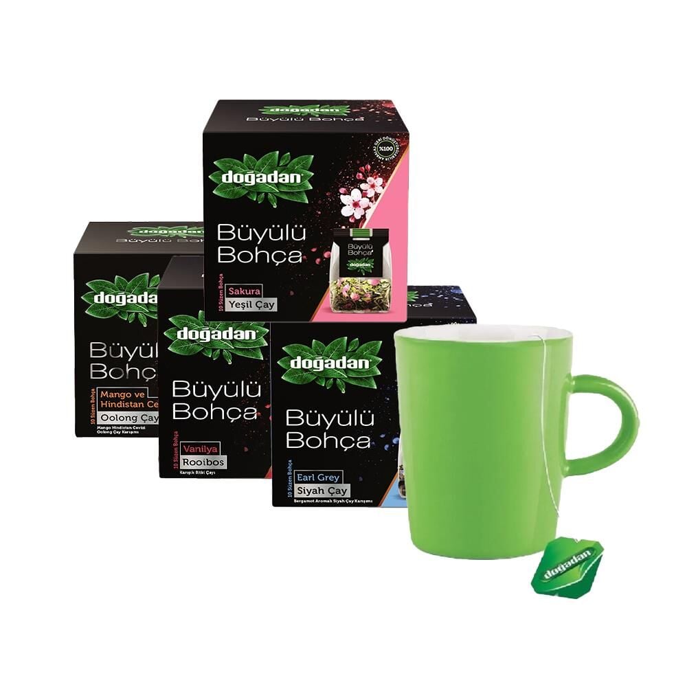 Doğadan Büyülü Bohça Çay Seti Yeşil Kupa Hediyeli (Rooibos, Sakura, Earl Grey, Oolong)