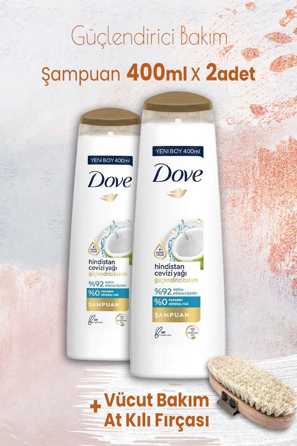 Dove Şampuan Güçlendirici Bakım 400 ml x 2 Adet ve Vücut Bakım At Kılı Fırçası
