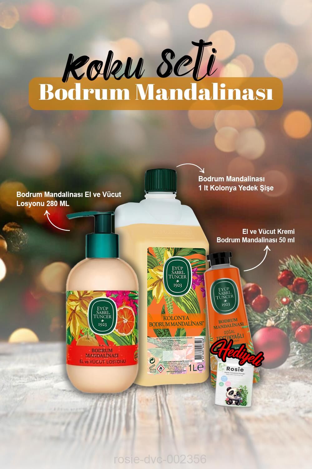 Bodrum Mandalina Krem 50 ml, Kolonya 1 lt, Losyon 280 ml ve Rosie Hediye