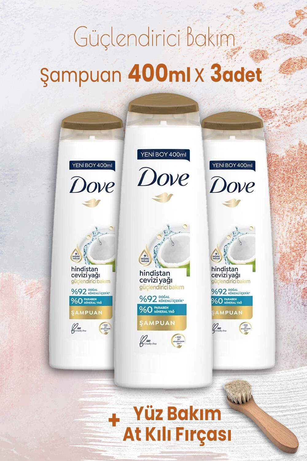 Dove Şampuan Güçlendirici Bakım 400 ml x 3 Adet ve Yüz Bakım At Kılı Fırçası