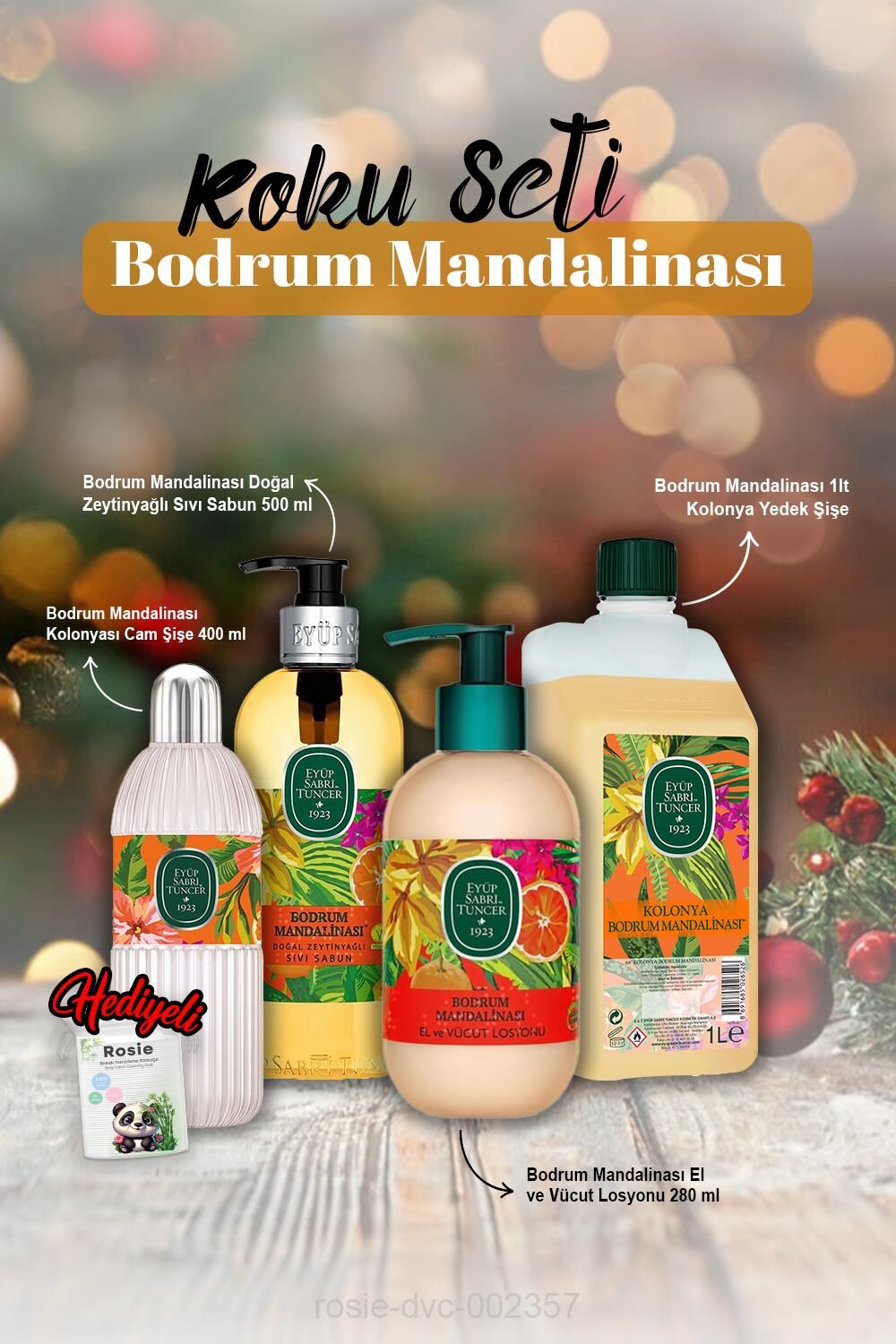 Kolonya 1 lt ve 400 ml, Sıvı Sabun 500 ml, Losyon 280 ml Bodrum Mandalina ve Rosie Hediye