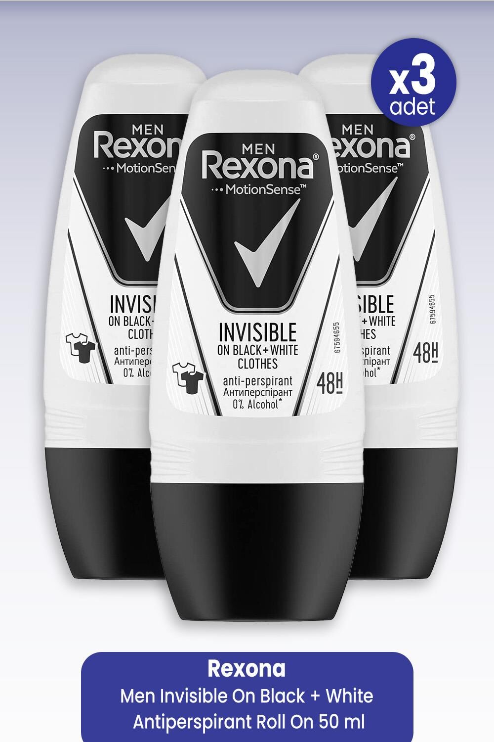 Rexona Men Invisible On Black + White Antiperspirant Roll On 50 ml x 3 Adet