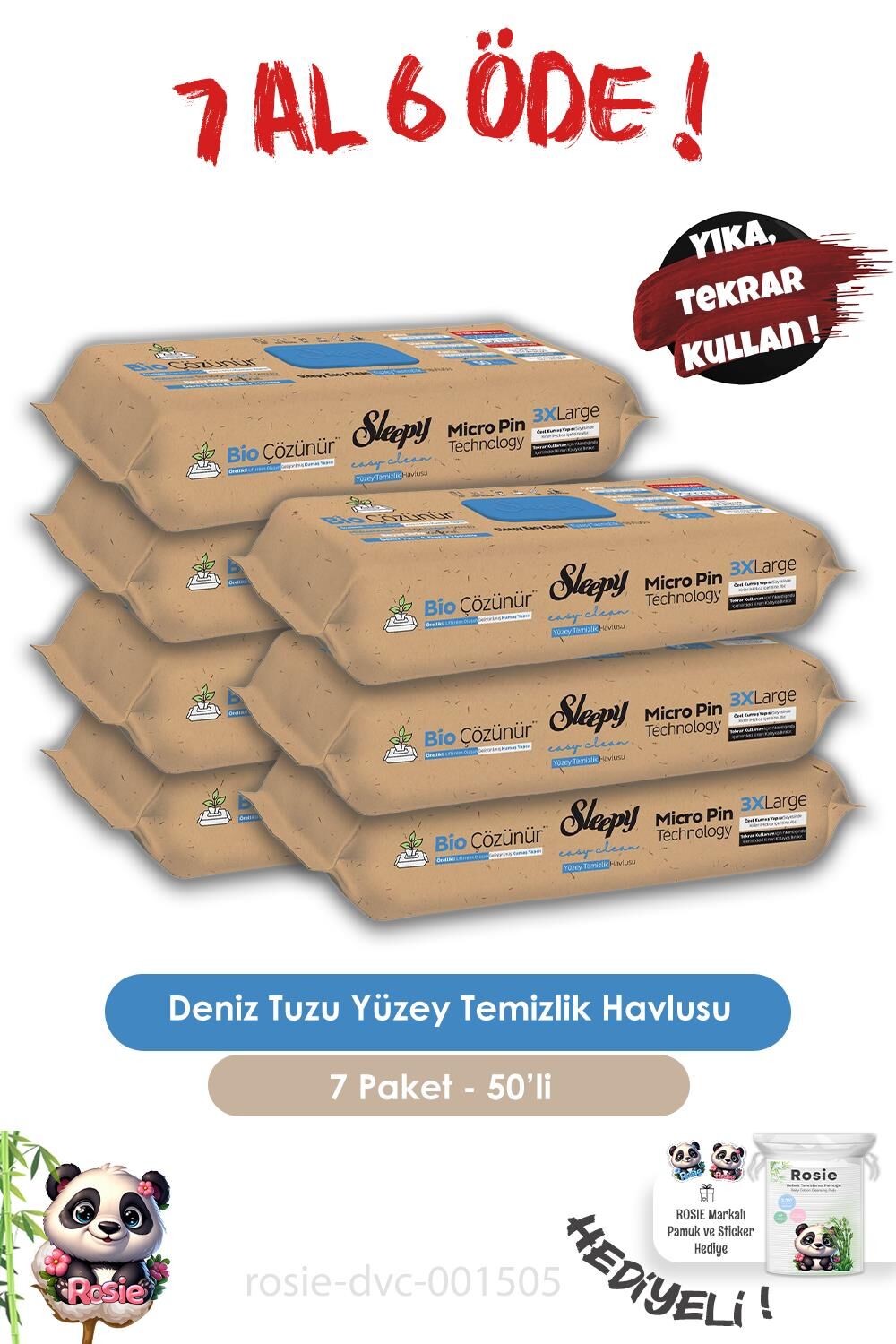 Sleepy Bio Çözünür Deniz Tuzu 50'li 7 AL 6 ÖDE Yüzey Temizlik Havlusu ve ROSIE