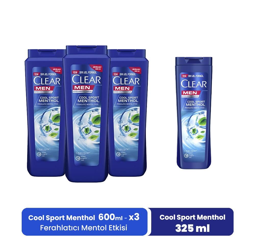 Clear Men Şampuan Cool Sport Menthol 600 ml x 3 ve Mentol Etkisi 325 ml