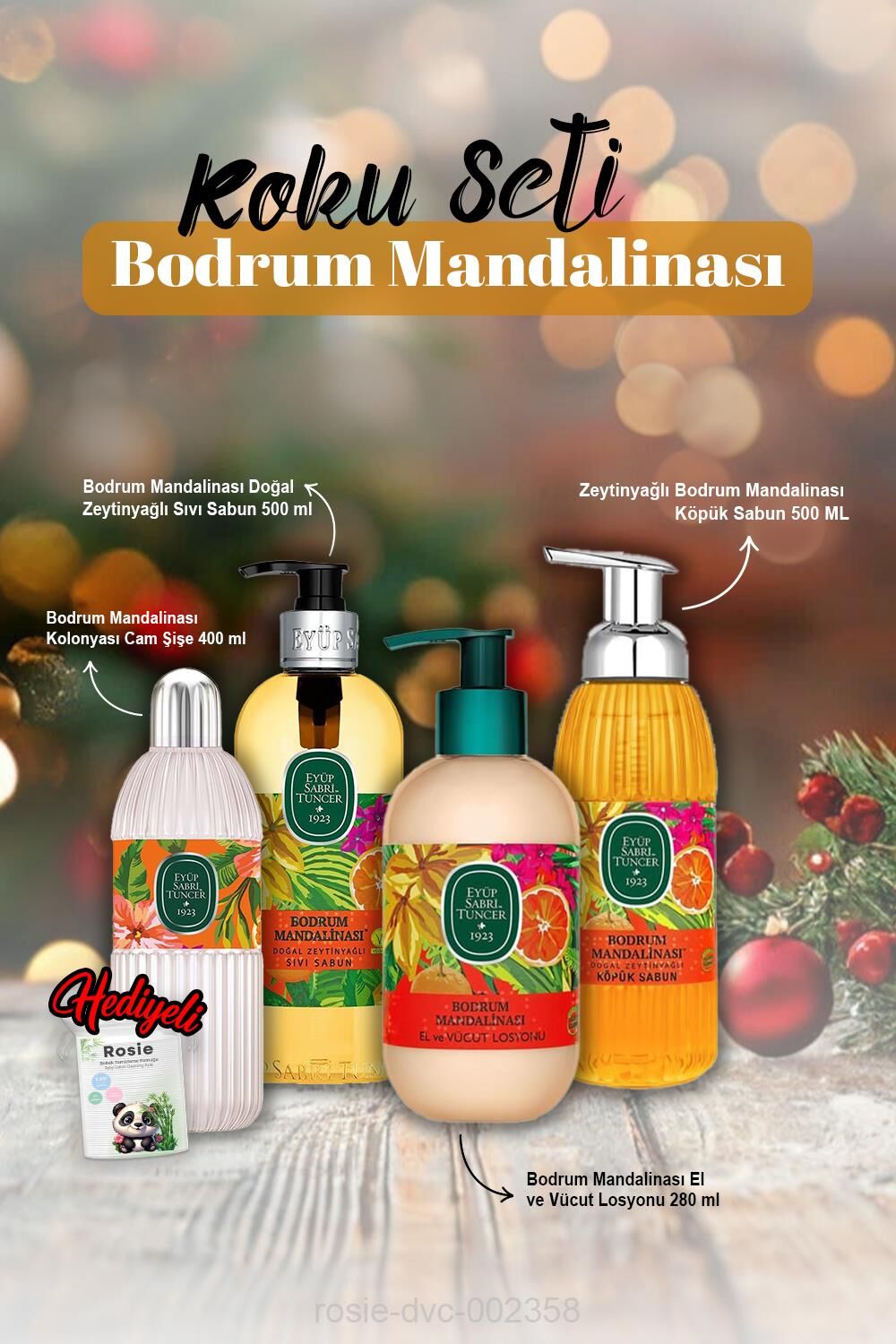 Losyon 280 ml, Sıvı ve Köpük Sabun 500 ml, Kolonya 400 ml Bodrum Mandalina ve Rosie Hediye