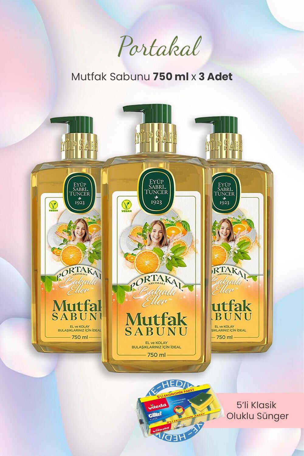 Eyüp Sabri Tuncer Portakallı Mutfak Sabunu 750 ml x 3 Adet ve Oluklu Sünger