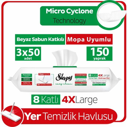 Sleepy Easy Clean Beyaz Sabun Katkılı Mopa Uyumlu Yer Temizlik Havlusu 3x50 (150 Yaprak)