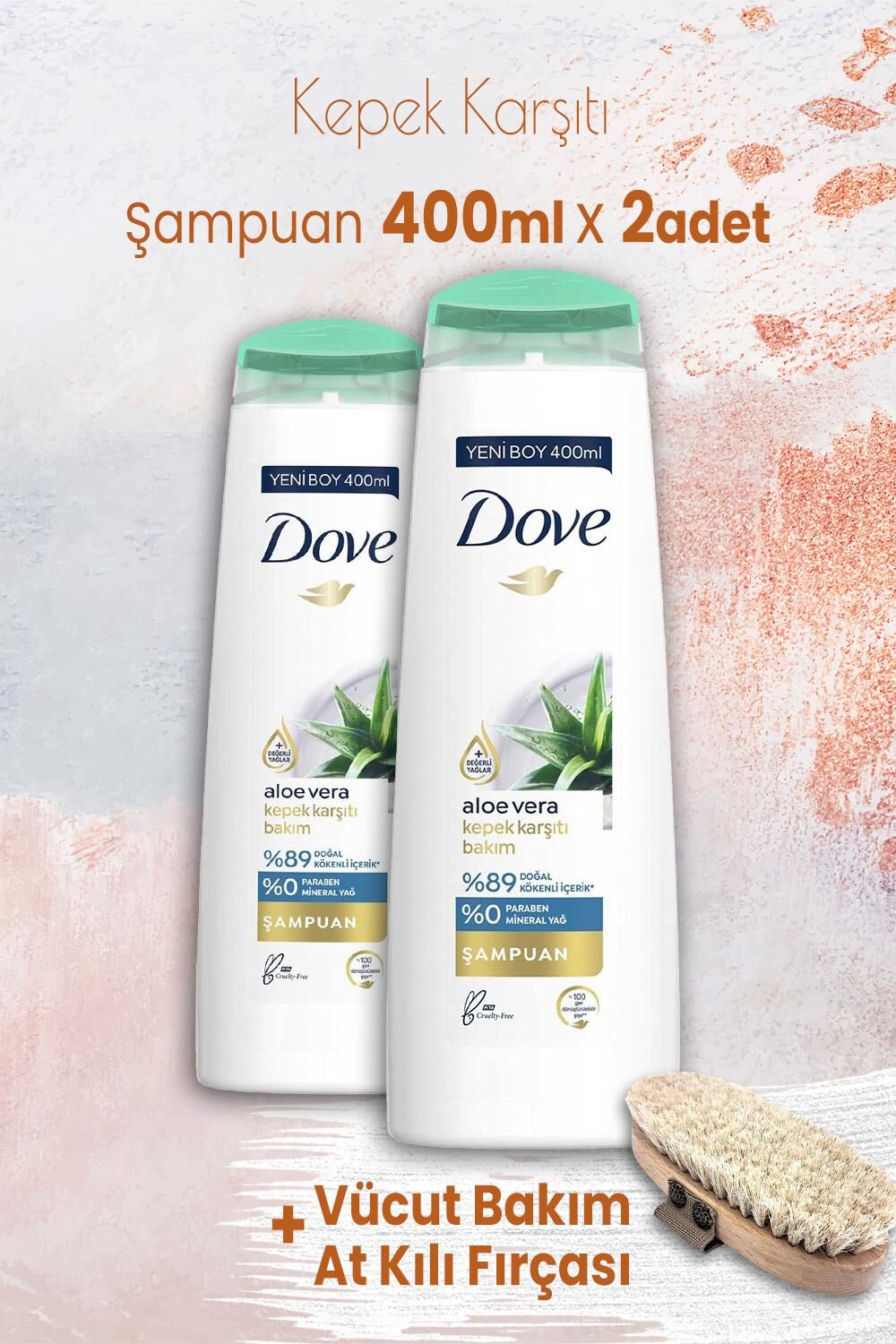 Dove Şampuan Aloe Vera Kepek Karşıtı 400 ml x 2 Adet ve Vücut Bakım At Kılı Fırçası