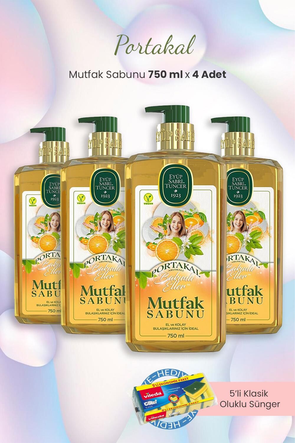 Eyüp Sabri Tuncer Portakal Mutfak Sabunu 750 ml x 4 adet ve Oluklu Sünger