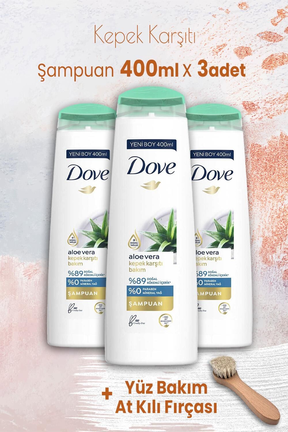 Dove Şampuan Aloe Vera Kepek Karşıtı 400 ml x 3 Adet ve Yüz Bakım At Kılı Fırçası