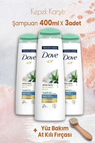 Dove Şampuan Aloe Vera Kepek Karşıtı 400 ml x 3 Adet ve Yüz Bakım At Kılı Fırçası