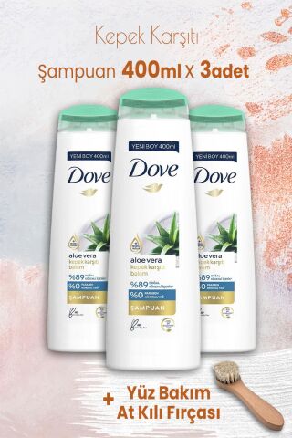 Dove Şampuan Aloe Vera Kepek Karşıtı 400 ml x 3 Adet ve Yüz Bakım At Kılı Fırçası