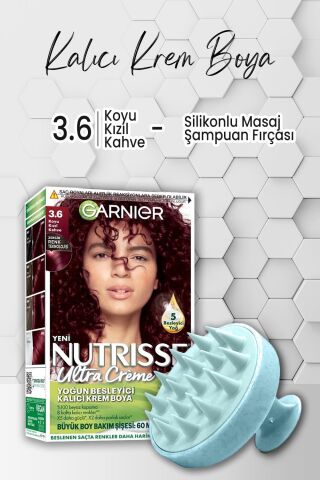 Garnier Nutrisse Besleyici Krem Saç Boyası 3.6 Koyu Kızıl Kahve ve Şampuan Fırçası Mavi