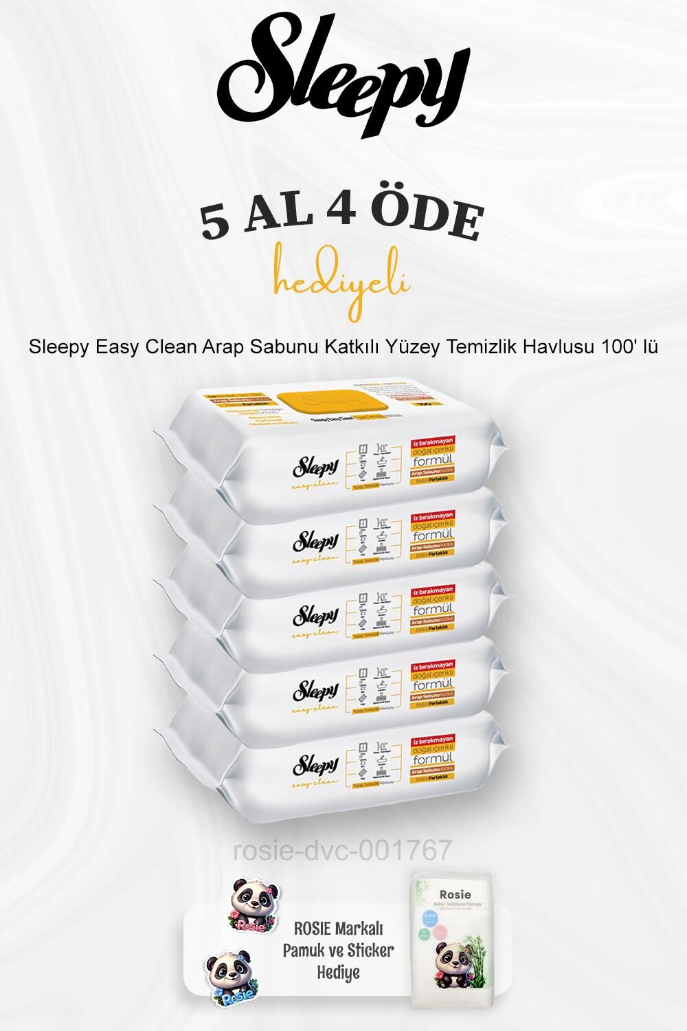 Sleepy Easy Clean Arap Sabunu Katkılı Yüzey Temizlik Havlusu 100' lü 5 Al 4 Öde ve Rosie Pamuk