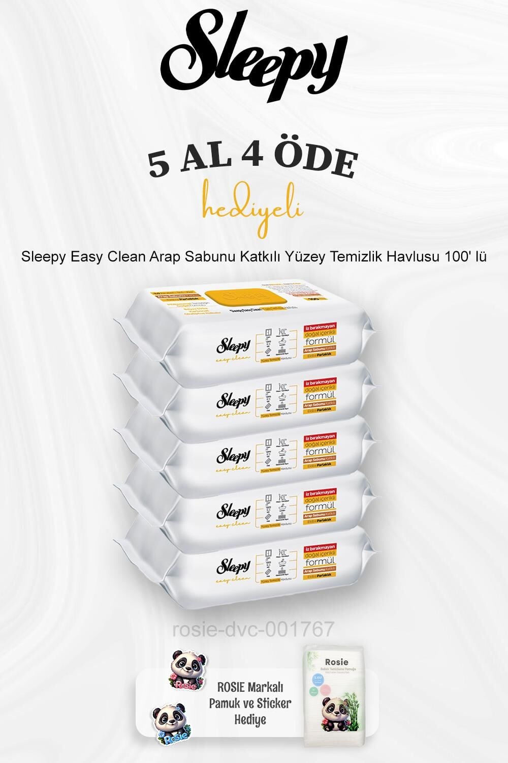 Sleepy Easy Clean Arap Sabunu Katkılı Yüzey Temizlik Havlusu 100' lü 5 Al 4 Öde ve Rosie Pamuk