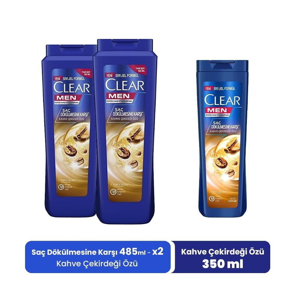 Clear Men Şampuan Kahve Çekirdeği Özü 485 ml x 2 ve Kahve Çekirdeği Özü 350 ml