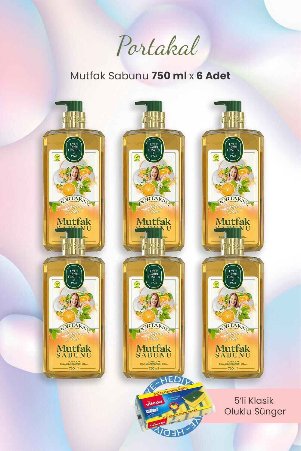 Eyüp Sabri Tuncer Portakal Mutfak Sabunu 750 ml x 6 Adet ve Bulaşık Süngeri