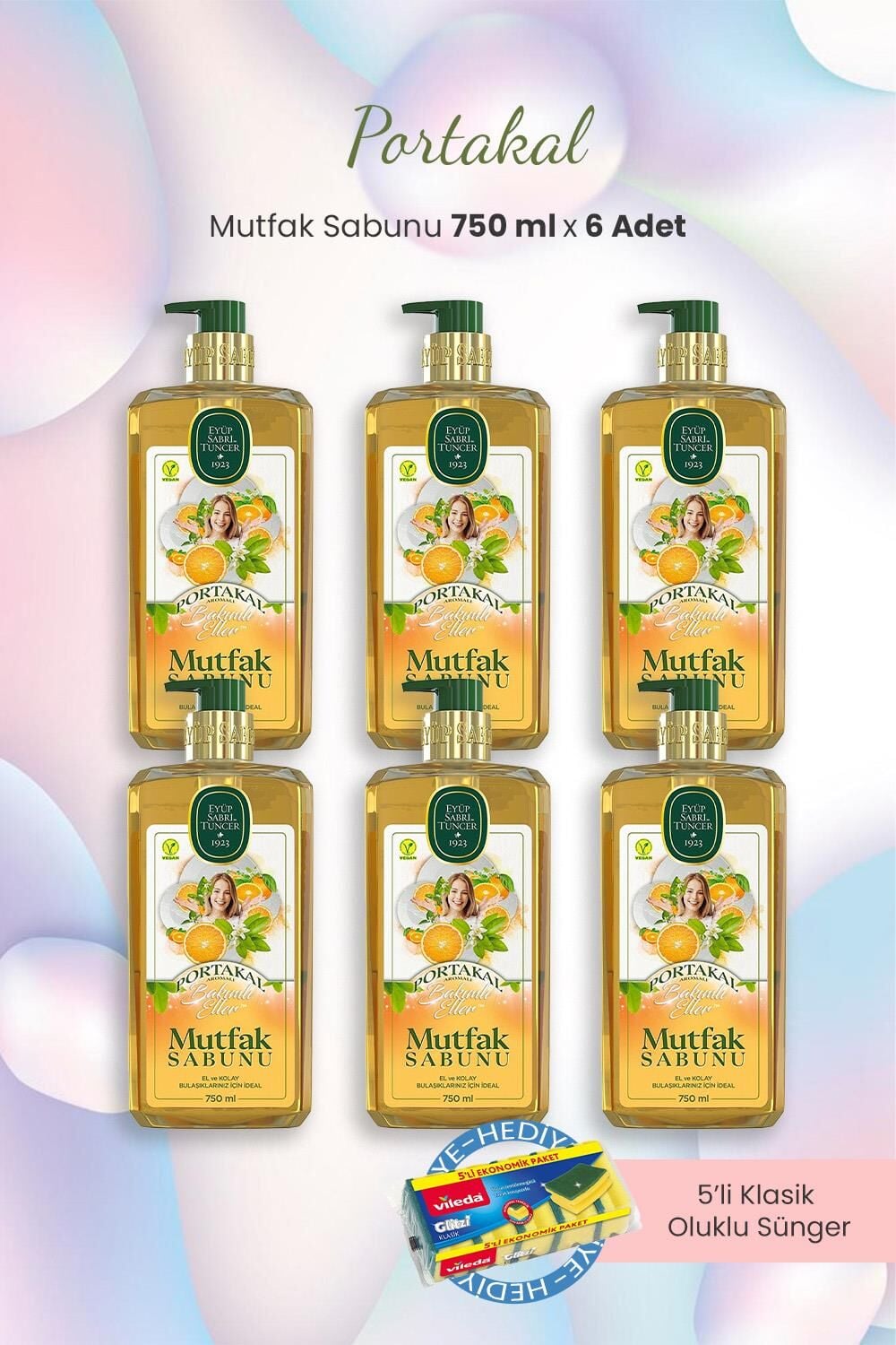 Eyüp Sabri Tuncer Portakal Mutfak Sabunu 750 ml x 6 Adet ve Bulaşık Süngeri