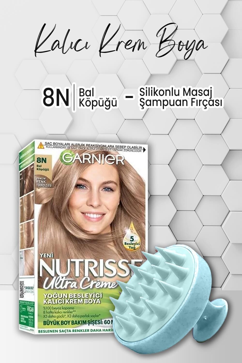 Garnier Nutrisse Besleyici Krem Saç Boyası 8N Bal Köpüğü ve Şampuan Fırçası Mavi