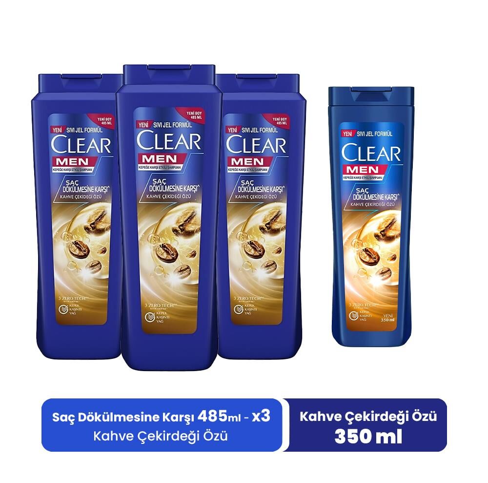 Clear Men Şampuan Kahve Çekirdeği Özü 485 ml x 3 ve Kahve Çekirdeği Özü 350 ml