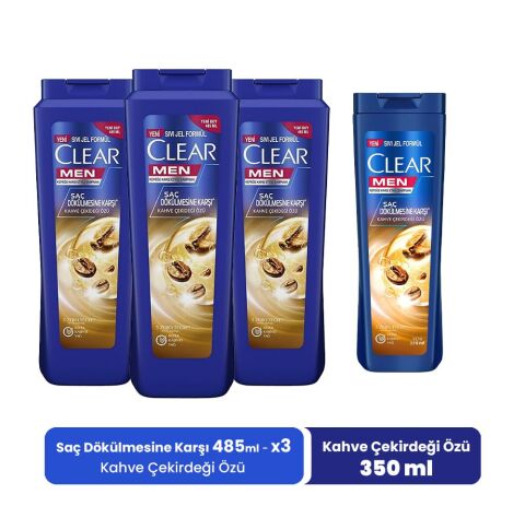 Clear Men Şampuan Kahve Çekirdeği Özü 485 ml x 3 ve Kahve Çekirdeği Özü 350 ml