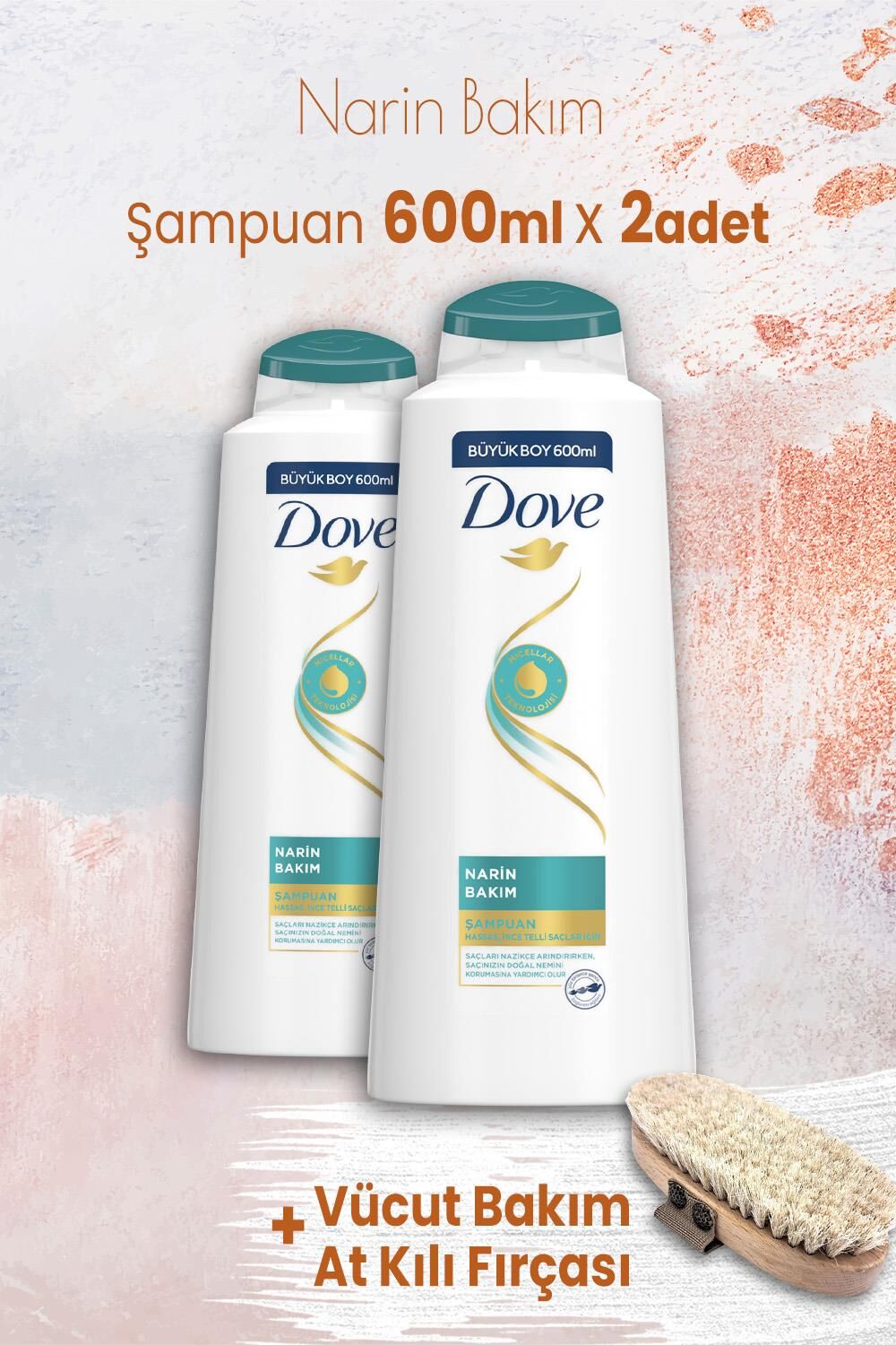 Dove Narin Bakım Şampuan 600 ml x 2 Adet ve Vücut Bakım At Kılı Fırçası