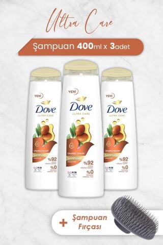 Dove Ultra Care Onarıcı Bakım Argan Yağı Şampuan 400 ml x 3 Adet ve Şampuan Fırçası