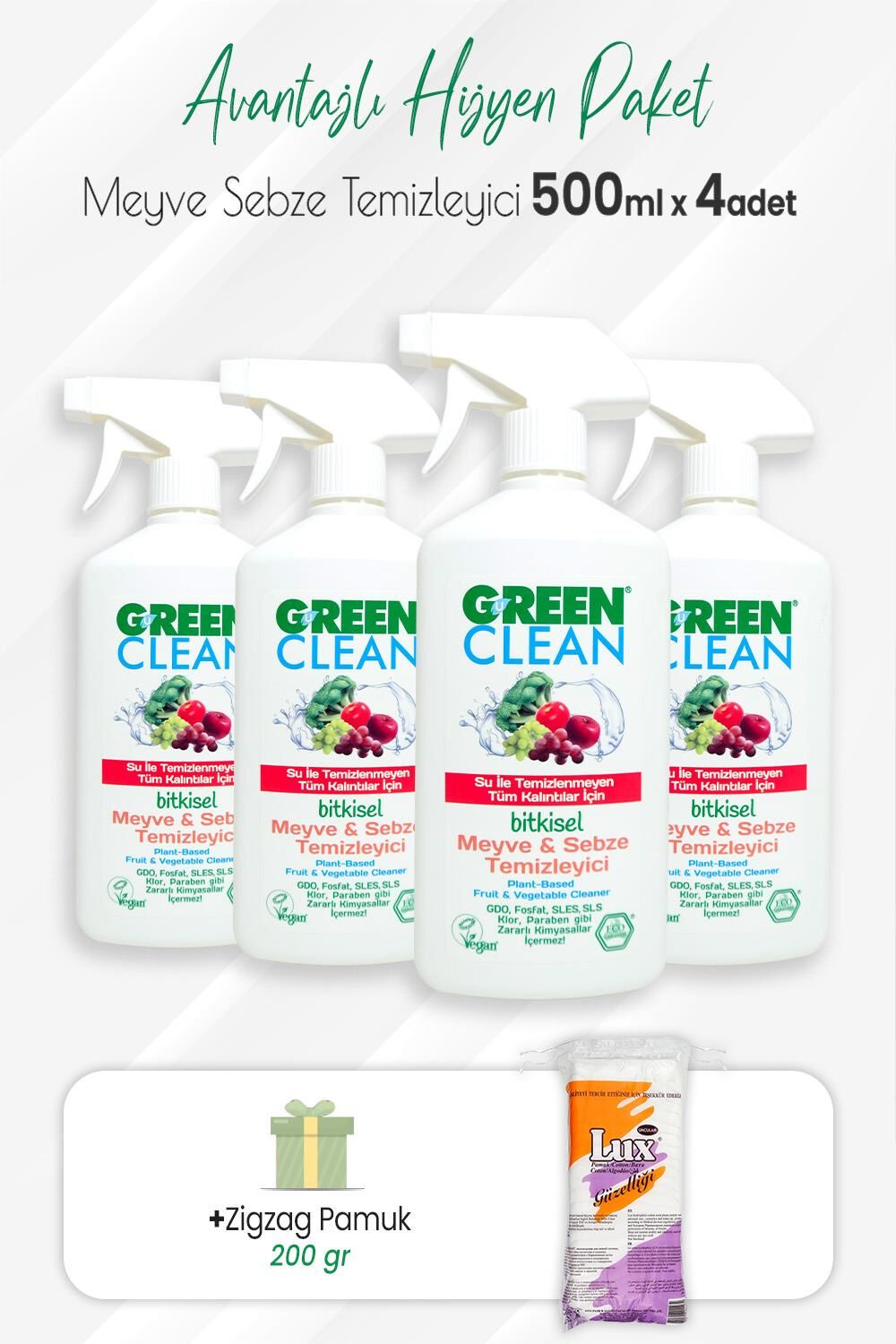 Green Clean 4'lü Bitkisel Meyve Sebze Temizleyici 500 ml ve Zigzag Pamuk 200 gr