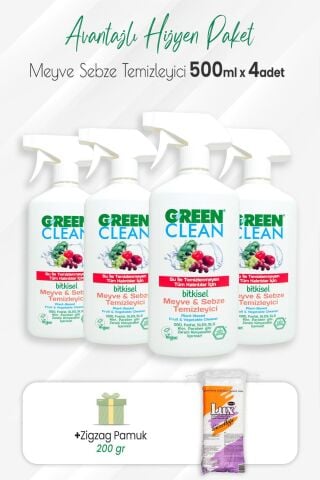 Green Clean 4'lü Bitkisel Meyve Sebze Temizleyici 500 ml ve Zigzag Pamuk 200 gr