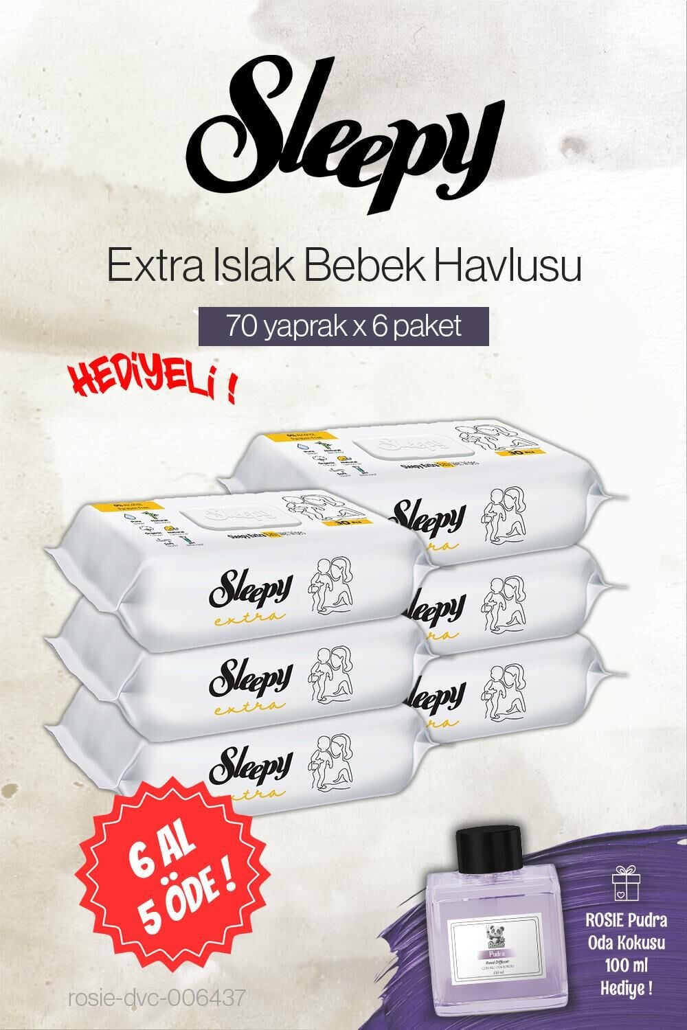 Sleepy Extra 70'li Islak Bebek Havlusu 6 AL 5 ÖDE, Rosie Pudra Oda Kokusu