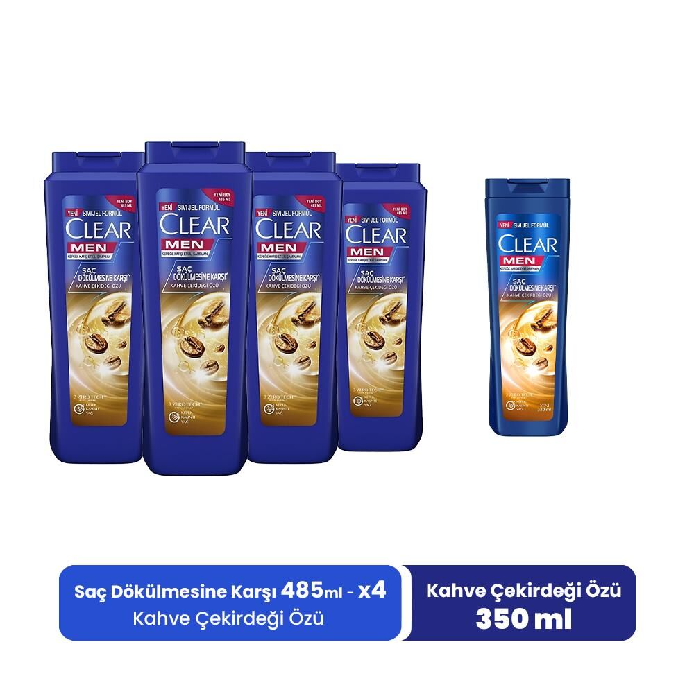 Clear Men Şampuan Kahve Çekirdeği Özü 485 ml x 4 ve Kahve Çekirdeği Özü 350 ml