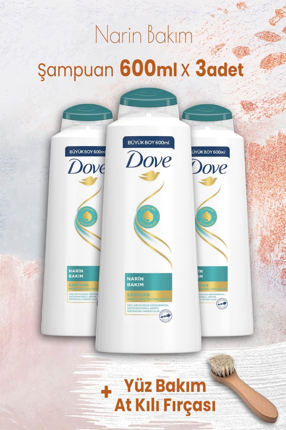Dove Narin Bakım Şampuan 600 ml x 3 Adet ve Yüz Bakım At Kılı Fırçası