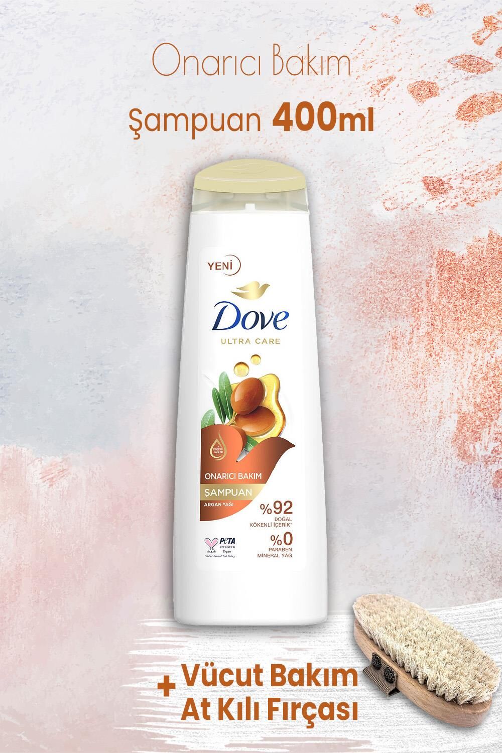 Dove Ultra Care Onarıcı Bakım Argan Yağı Şampuan 400 ml ve Vücut Bakım At Kılı Fırçası