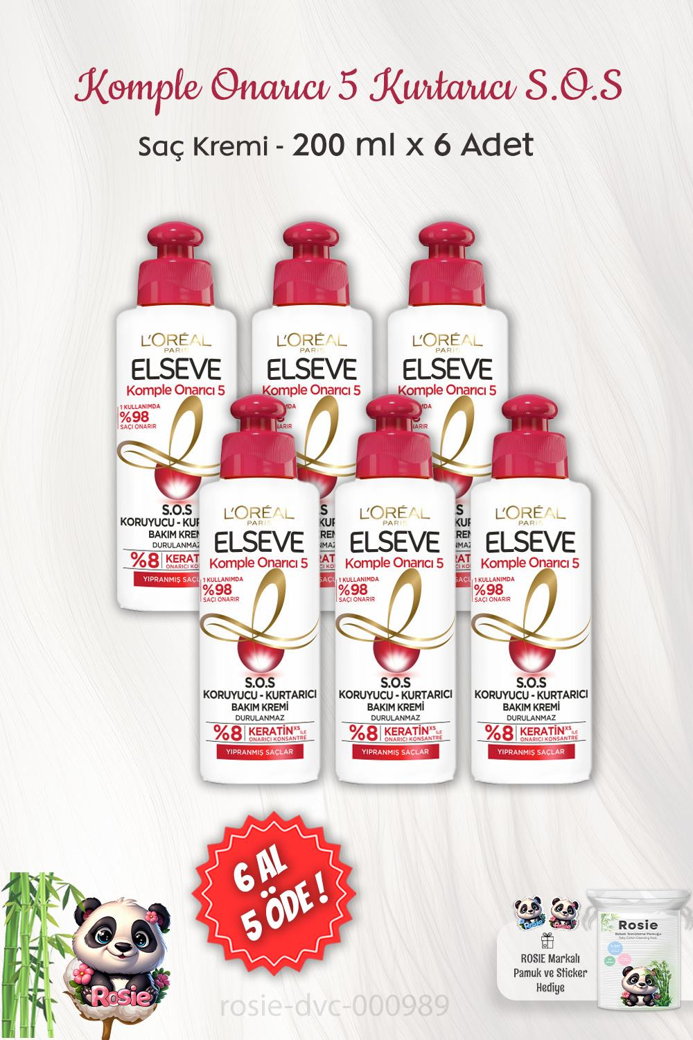 6 AL 5 ÖDE Elseve Komple Onarıcı 5 Koruyucu Kurtarıcı Saç Kremi S.O.S 200 ml ve ROSIE