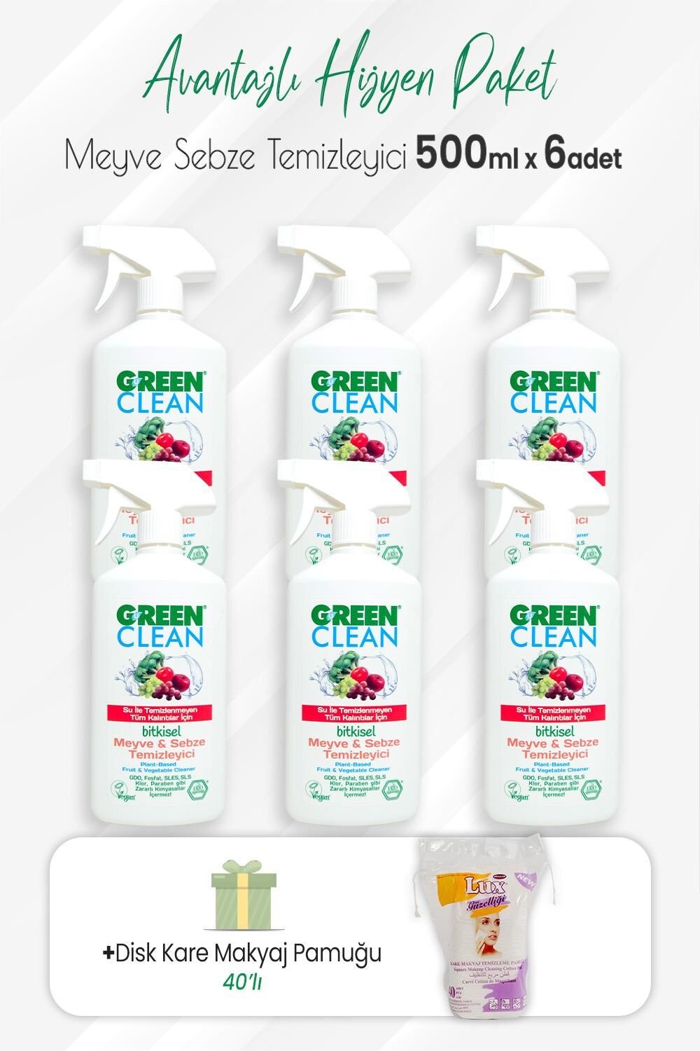 Green Clean 6'lı Bitkisel Meyve Sebze Temizleyici 500 ml ve Disk Kare Pamuk 40'lı