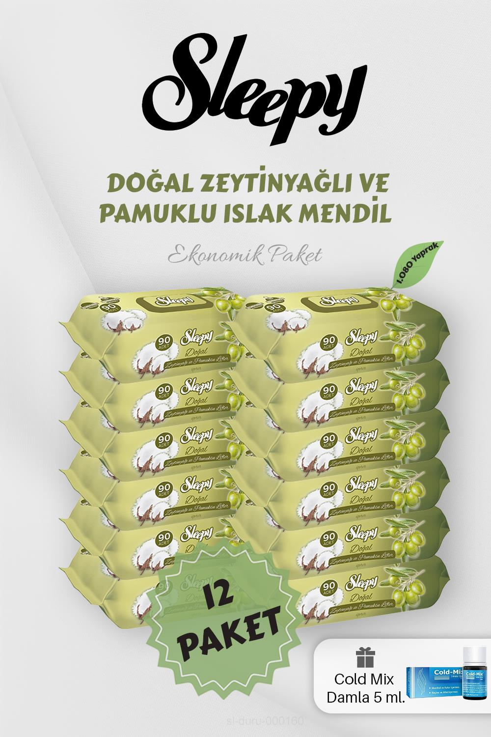 Zeytinyağlı Bebek Mendili 90'lı 12 Paket Mavi Cold Mix Hediyeli