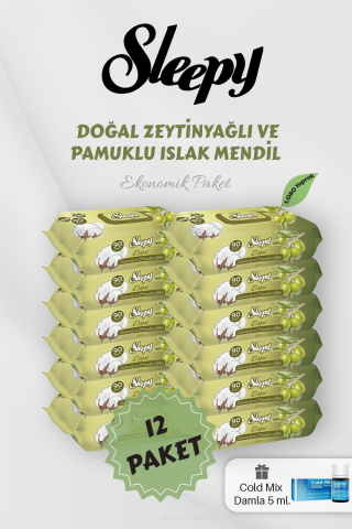 Zeytinyağlı Bebek Mendili 90'lı 12 Paket Mavi Cold Mix Hediyeli