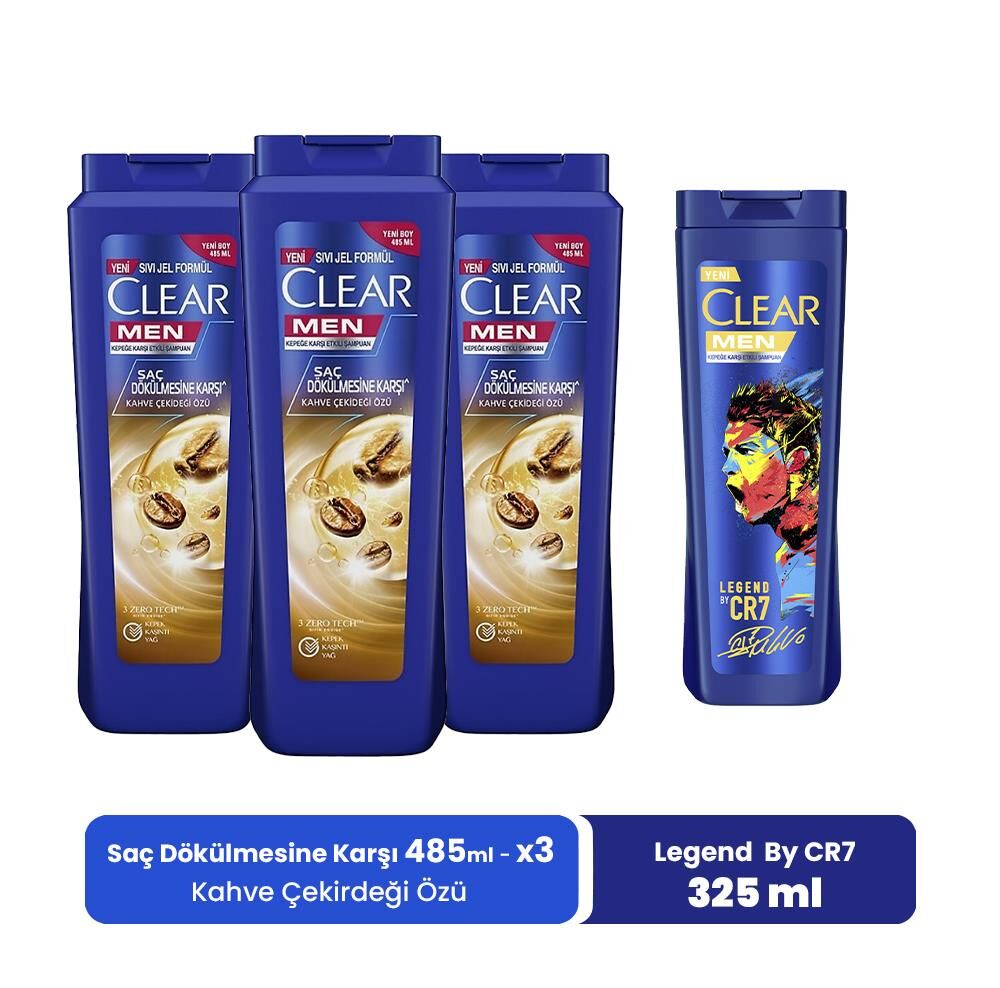 Clear Men Şampuan Kahve Çekirdeği Özü 485 ml x 3 ve Legend By CR7 325 ml